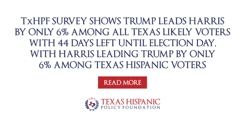 Texas Hispanic Policy Foundation survey shows Trump leads Harris by only 6% among all Texas likely voters with 44 days left until Election Day, with Harris leading Trump by only 6% among Texas Hispanic voters